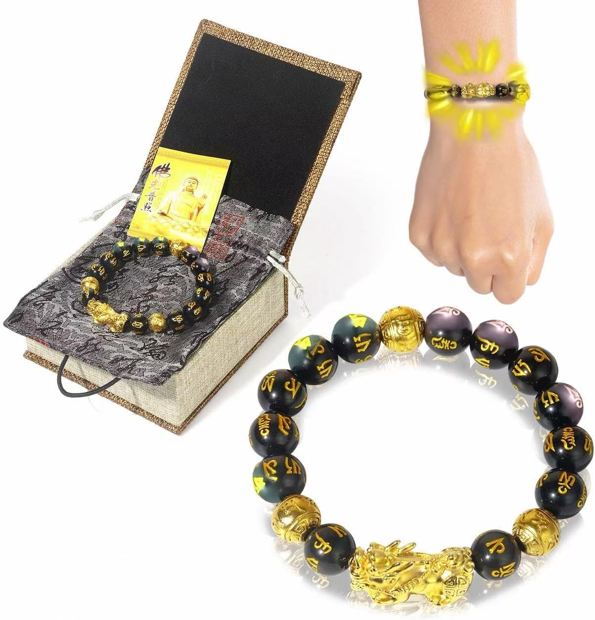 Feng Shui Bracelet 24K Gold Plated PiXiu Bracelet, Obsidian Dragon Protection Meditation Decompression Prayer Beads Lucky Wealth Bracelets for Men Women