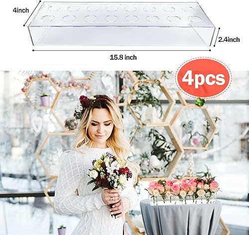 Miniatura 3 de Paquete de 4 jarrones de acrílico transparente para mesa de comedor, jarrones bajos rectangulares florales de 63.2 pulgadas con 64 agujeros para