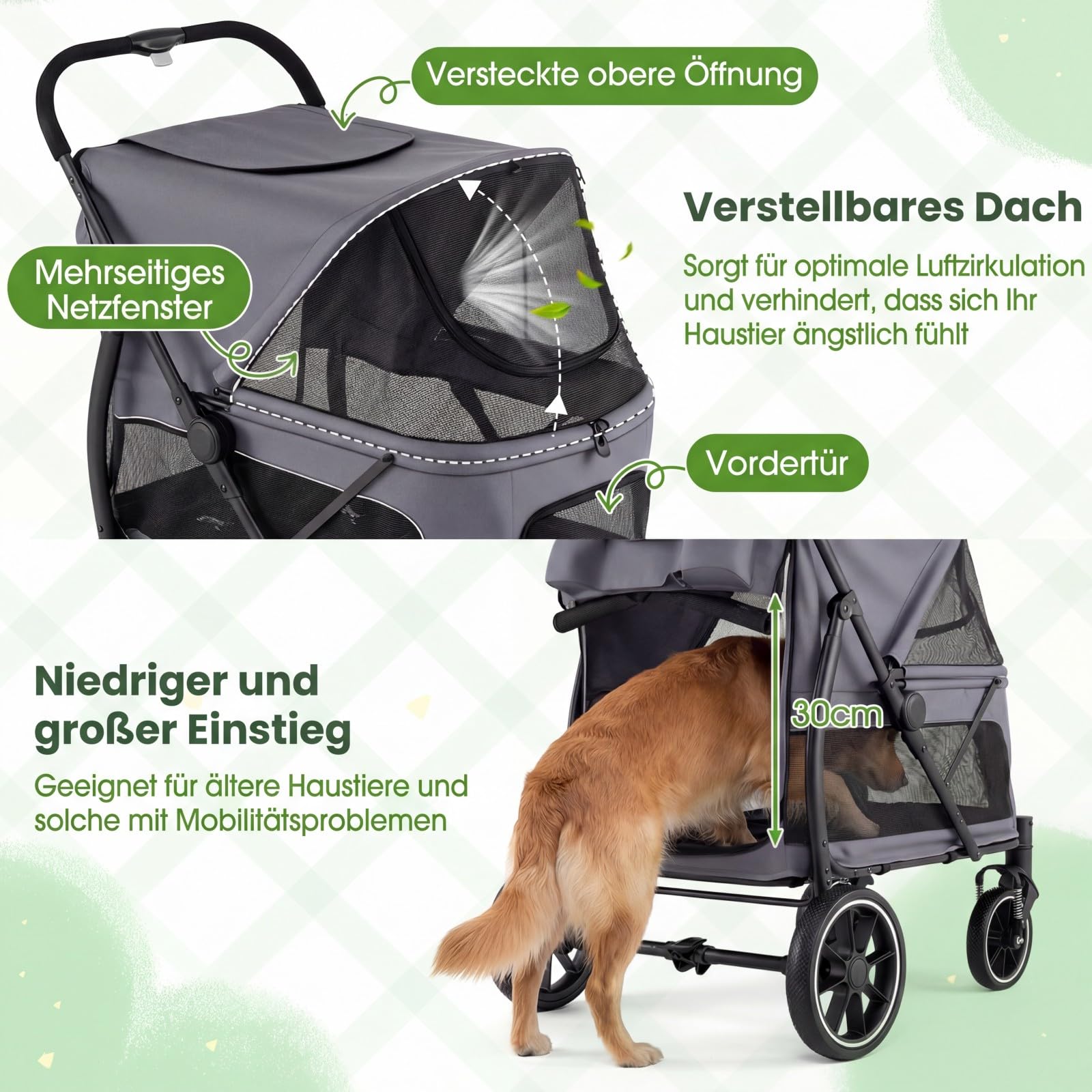 COSTWAY Hundewagen klappbar, Hundebuggy bis 40 kg, Katzenwagen mit 4 Rädern, Haustierwagen mit verstellbarem Dach, Netzfenstern & 3 Taschen, Haustierbuggy Grau, für große Katzen Hunde