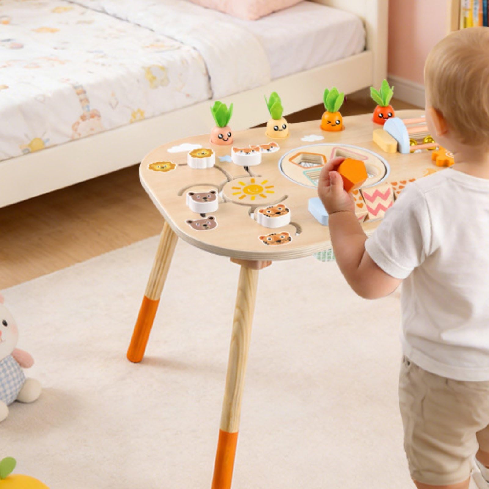 Tavolo attività Educativo Bambini in Legno con Blocchi Forme Carote Ingranaggi Gioco Sensoriale Training Coordinazione Mano-Occhio Adatto a Sviluppo Casa