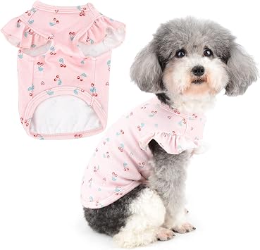Zunea Dog Shirts for Small Dogs Girls Soft Cotton Summer T-Shirts Breathable Puppy Vest Clothes Cute Cherry Printed Pet Clothing Ruffled Short Sleeves Shirt for Chihuahua Yorkie Pink M