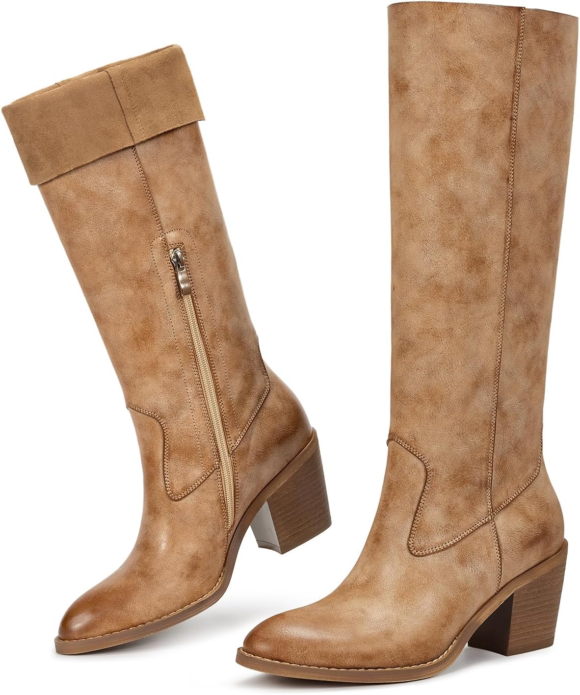 wetkiss Women's Knee High Cowboy Boots - Western Cowgirl Boots with Almond Toe, Comfortable Ultra-Thin PU Leather, Chunky Heel, Pull On Tall Boots