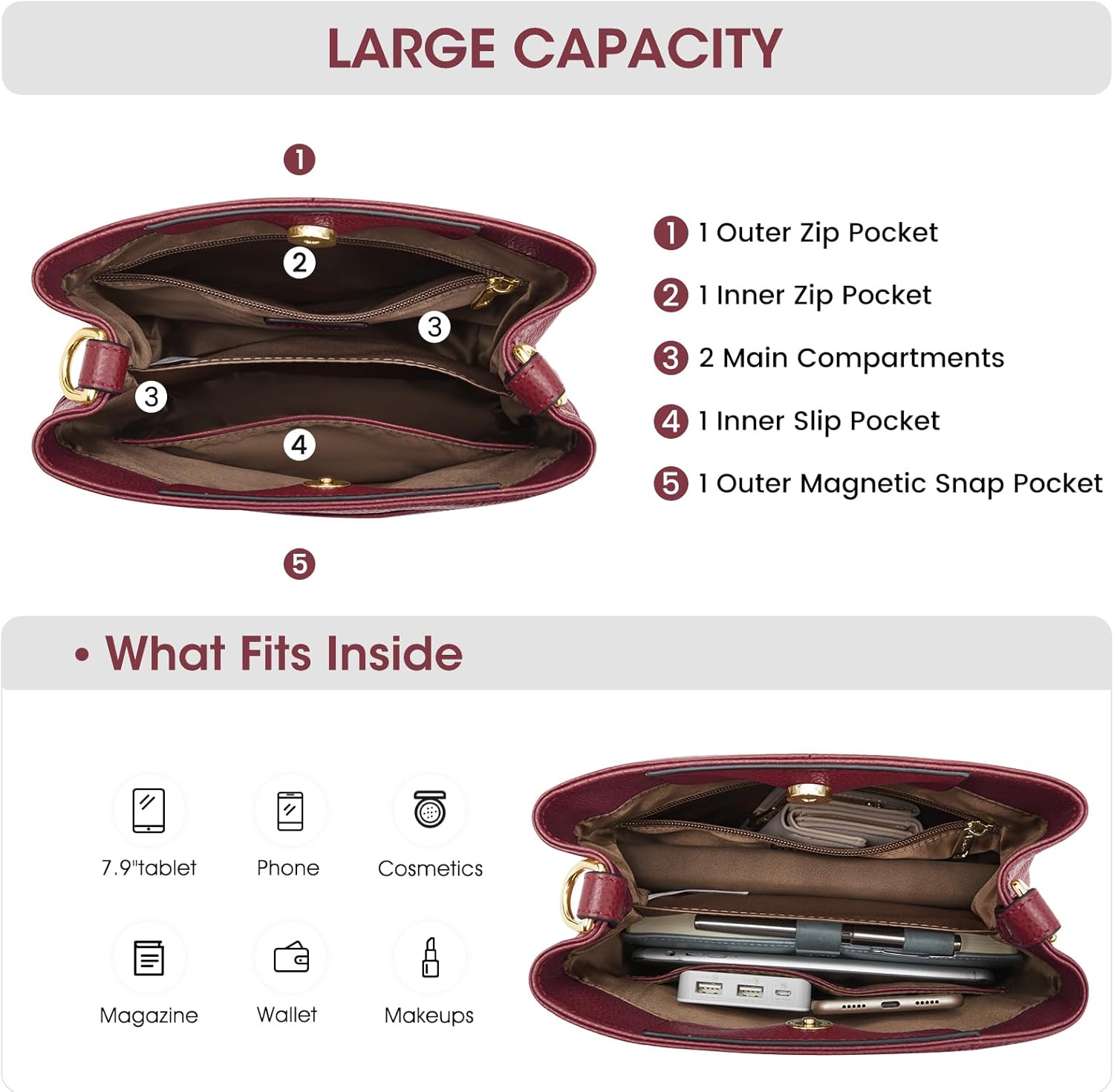 Kattee Leather Handbags for Women 2026, Soft Shoulder Tote Crossbody Purses Bucket Bags with 2 Detachable Straps - Image 5