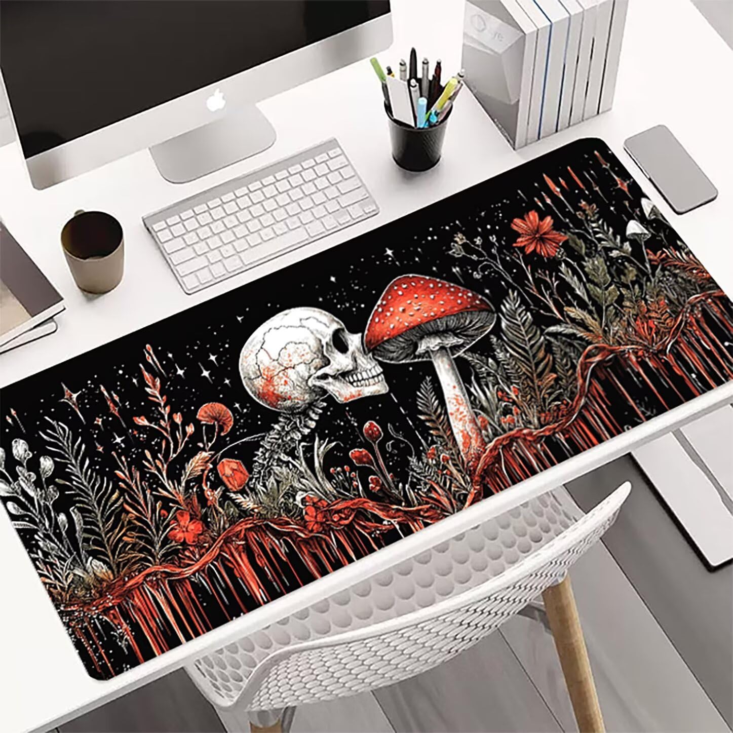 Lpfieonn Skeleton Schreibtischunterlage XXL, Schwarz Schreibtischunterlagen Großes, Gaming Mousepad XXL mit ernähter Rand und Rutschfeste Gummibasis, Desk Mat für PC/Laptop/Mausa 120x60cm PF-2188