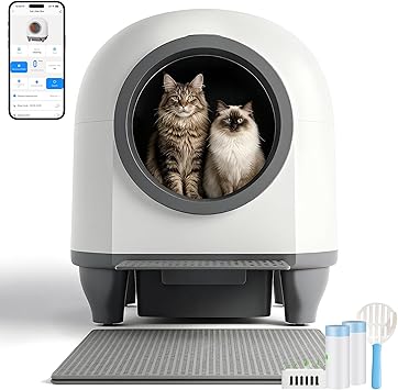 Lettiera Gatto Autopulente con APP, Lettiera Autopulente per Gatti da 90 L con Cassetto Feci da 8,5 L per Oltre una Settimana, Sistema Profumato e Sensore Radar, Adatta a Famiglie con Più Gatti.