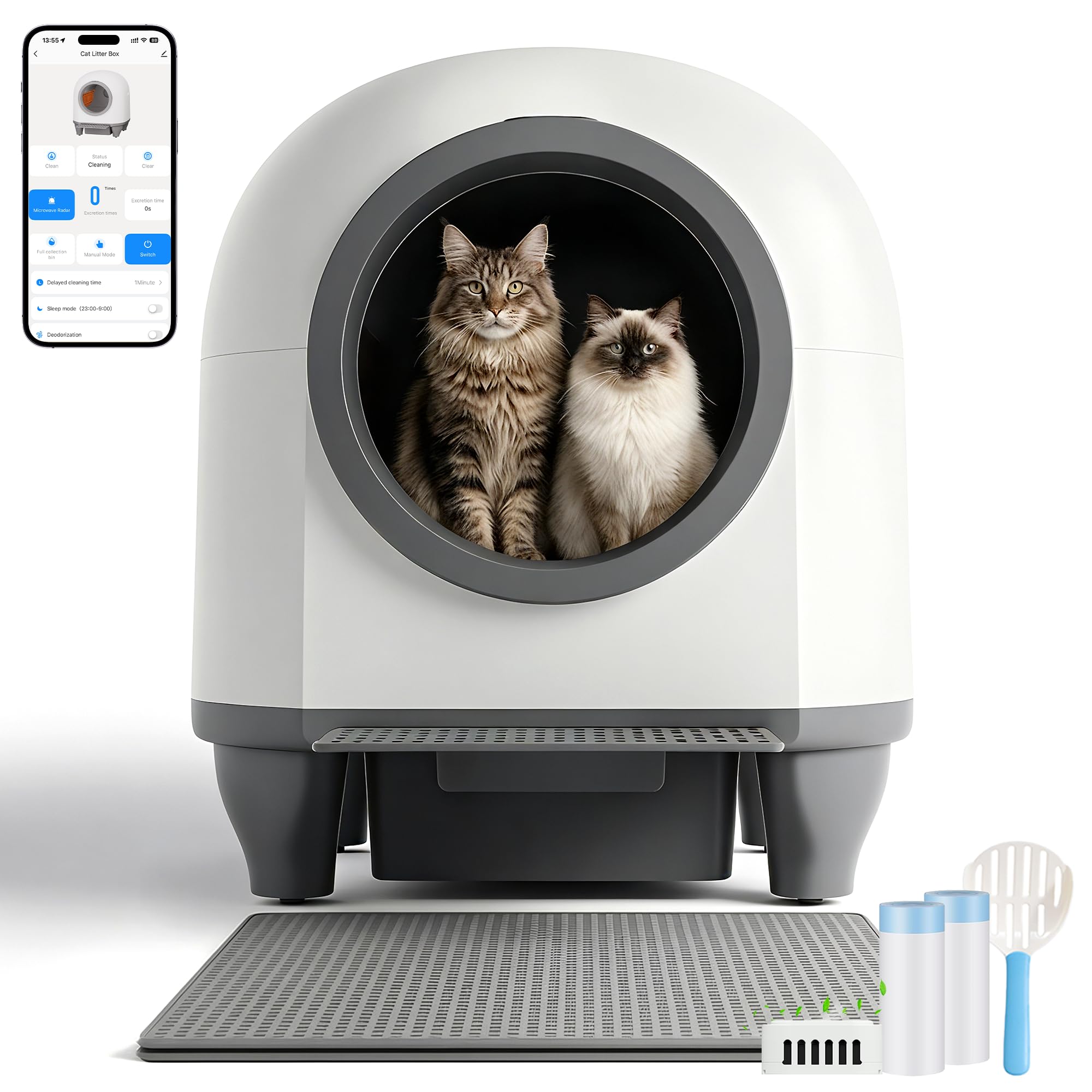 Lettiera Gatto Autopulente con APP, Lettiera Autopulente per Gatti da 90 L con Cassetto Feci da 8,5 L per Oltre una Settimana, Sistema Profumato e Sensore Radar, Adatta a Famiglie con Più Gatti.