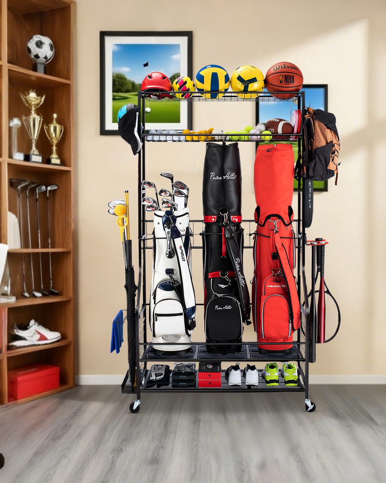FHXZH Golftaschen-Aufbewahrung, Garagen-Organizer – Golftaschenständer passend für einzelne Golftaschen, Golfschläger und Golfausrüstungszubehör, Golftaschen-Aufbewahrungsregal mit Rädern für Garage,