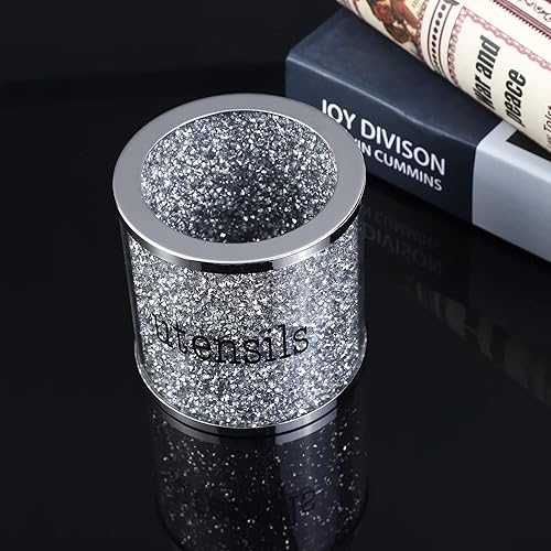 Miniatura 4 de 3.9 "D - Juego de utensilios de cocina de plata, lata de almacenamiento de utensilios de cocina, cristal con diamantes triturados brillantes para