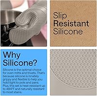 Vista 3 de GORILLA GRIP Juego de 4 manoplas de horno de silicona suave sin BPA y soportes para ollas, resistentes al calor, forro de algodón grueso, agarre