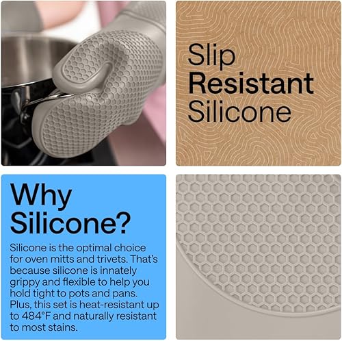 Miniatura 3 de GORILLA GRIP Juego de 4 manoplas de horno de silicona suave sin BPA y soportes para ollas, resistentes al calor, forro de algodón grueso, agarre