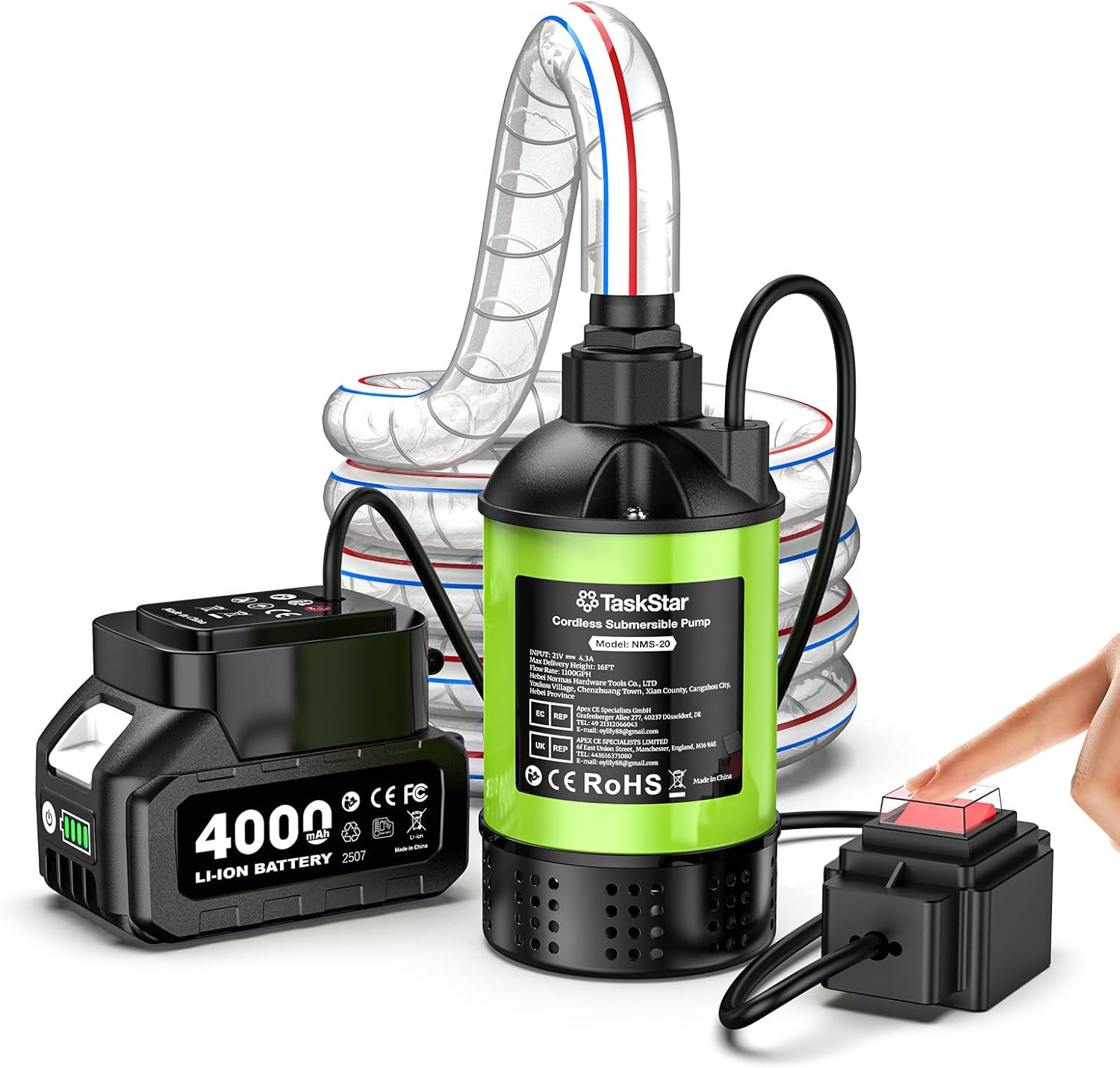 TaskStar Cordless Water Pump with 1H Runtime Battery & Hose, 1100GPH Brushless Small Submersible Utility Pump for Rain Barrel Pool Hot Tub Drain, Garden Irrigation, Flooded Basement Boat Emergency