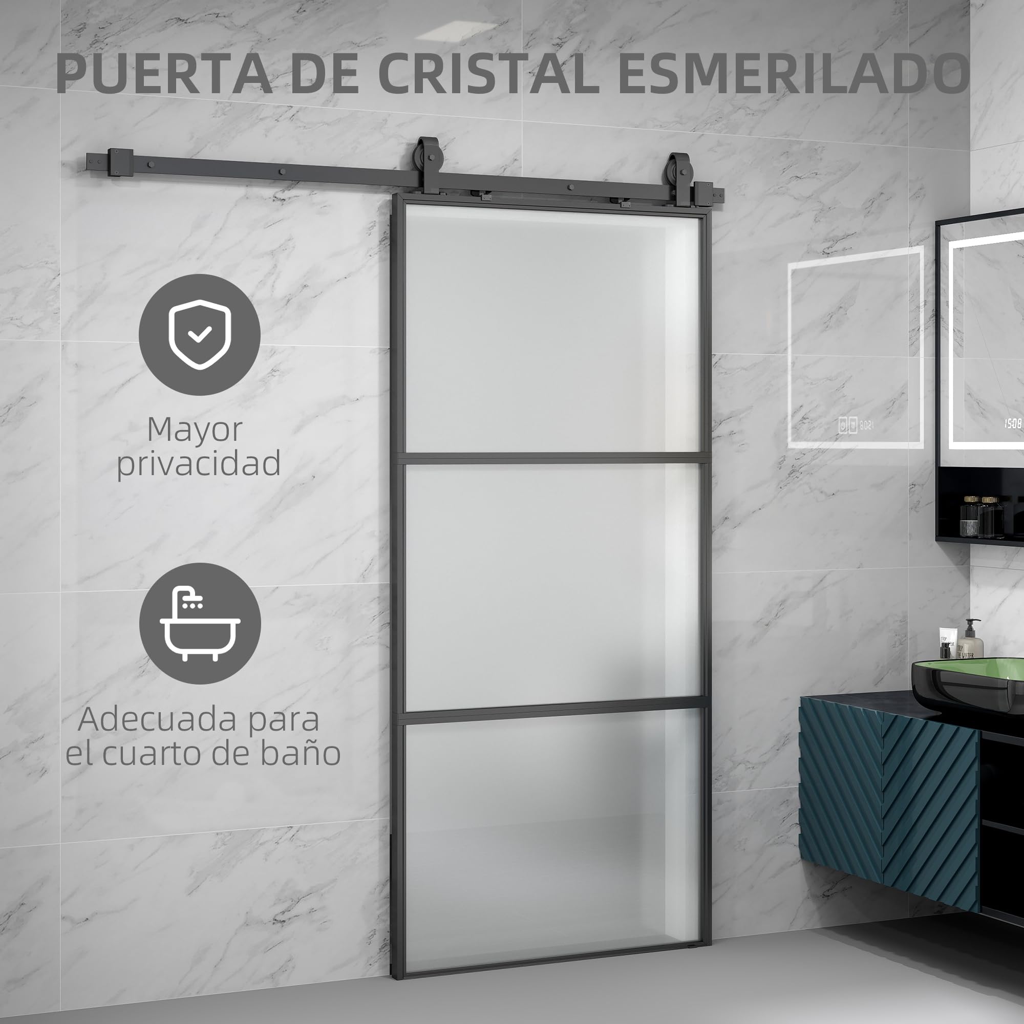 HOMCOM Puerta Corredera con Herrajes 91,4x203,2 cm Puerta Corredera de Cristal con Mecanismo Cierre Suave para Baño Salón Sala de Estar Cocina Negro