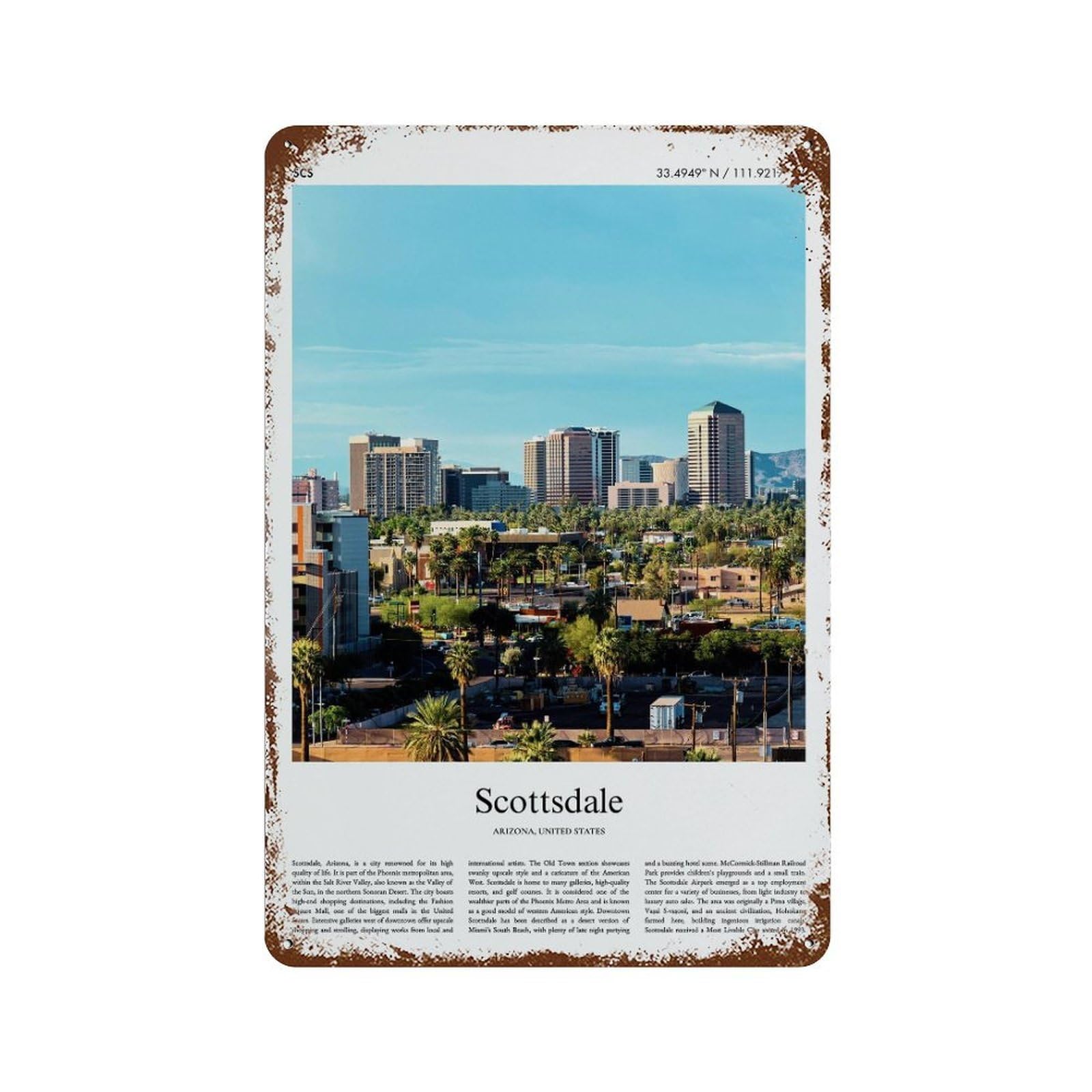 xiaoxiaoshen Scottsdale Arizona, United States, USA City Scenery Wall Decor Art Metal Tin Poster Modern Home Decor Art Home Bar Shop Decorations Vintage Sign 30x20cm