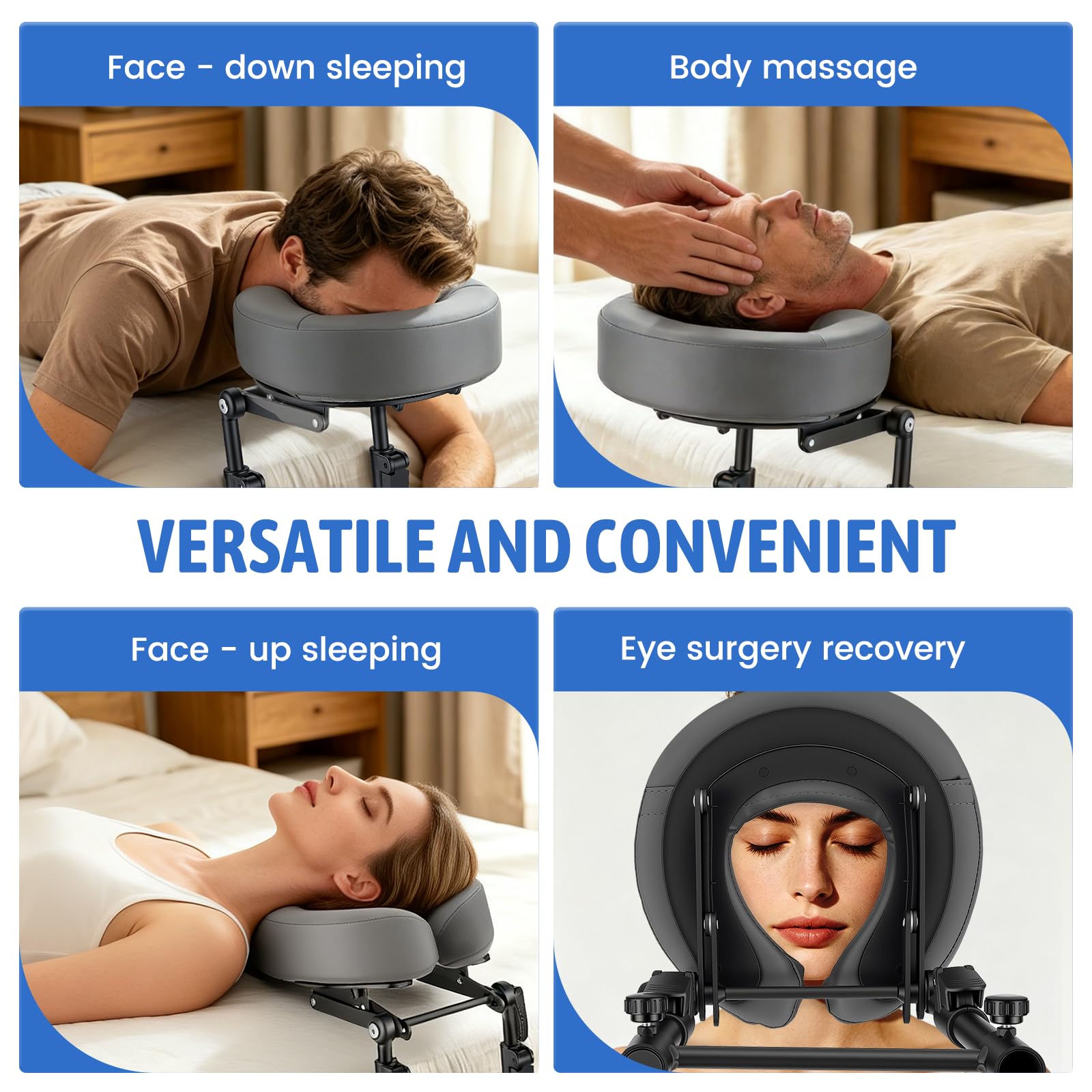 Reposacabezas de masaje para cama con marco y almohadilla ajustable, Soporte para colchón 14-45cm, Posición boca abajo tras operación ocular, Soporte facial colchón para hogar y salón de belleza, Gris