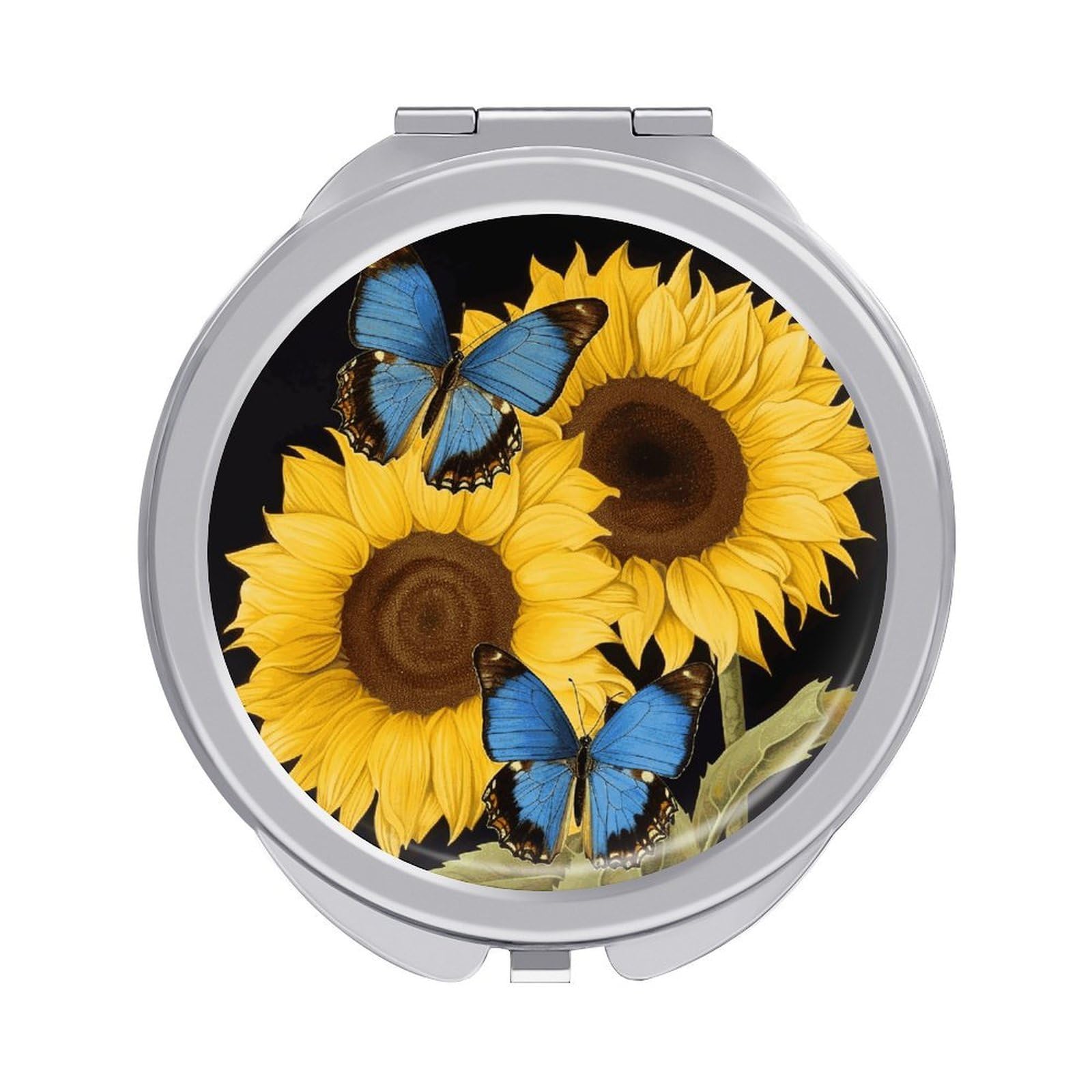 JTREHY Yellow Sunflowers with Blue Butterflies Makeup Mirror Silver Mirror Surface Folding Makeups Mirrors Lightweight Durable Looking Glass for Suitable Traveling Handbag and Purses