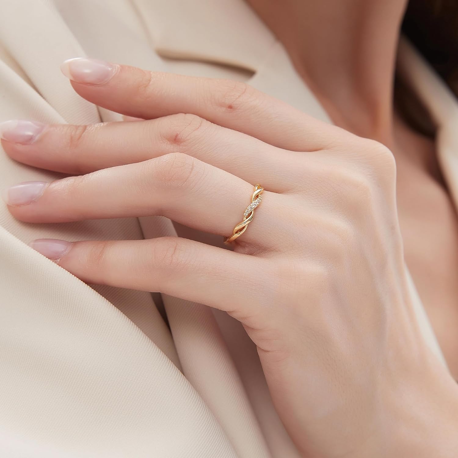 Aurora & Fiori 18K Yellow/White Gold Plated Wedding Band for Women Cubic Zirconia Half Eternity Stackable Engagement Ring Twisted Half Eternity Wedding Rings Size 4-10 - Image 4