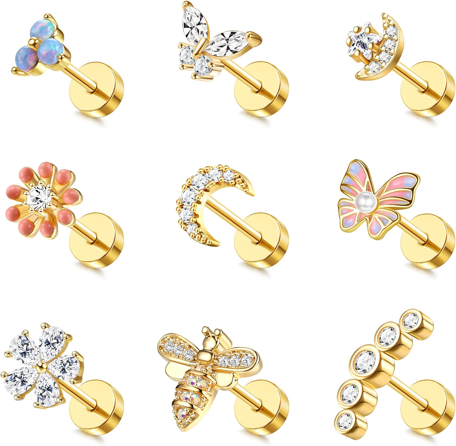 FASACCO 9PCS Cartilage Earrings Stud for Women Surgical Steel Flat Back Earrings Opal Butterfly Flower CZ Cartilage Earrings Tragus Helix Piercing Jewelry
