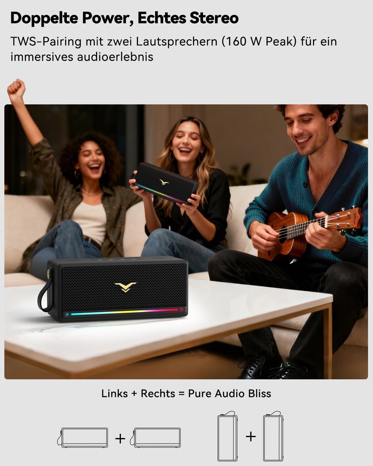 StageSound - Altoparlante Bluetooth, stile retrò, wireless, portatile, con Bass Boost, impermeabile IP67, luci LED, accoppiamento TWS, 12 ore di riproduzione, TF/AUX/USB, per feste, casa, all'aperto