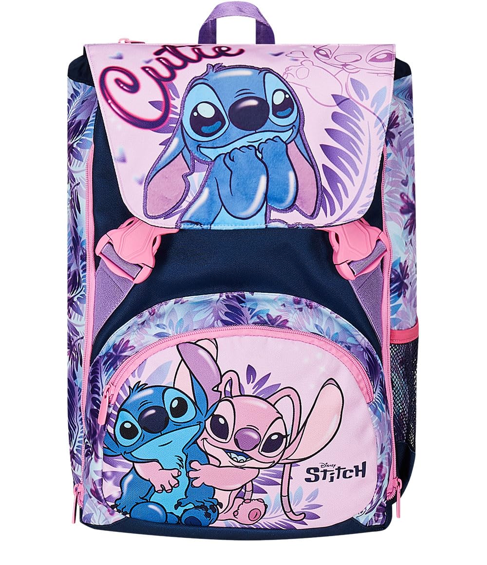 Seven Zaino Scuola Estensibile DISNEY - LILO & STITCH 2CUTE, Azzurro Rosa - Doppio Scomparto Sdoppiabile Tramite Zip e Con Tasca Porta Borraccia, Bambina