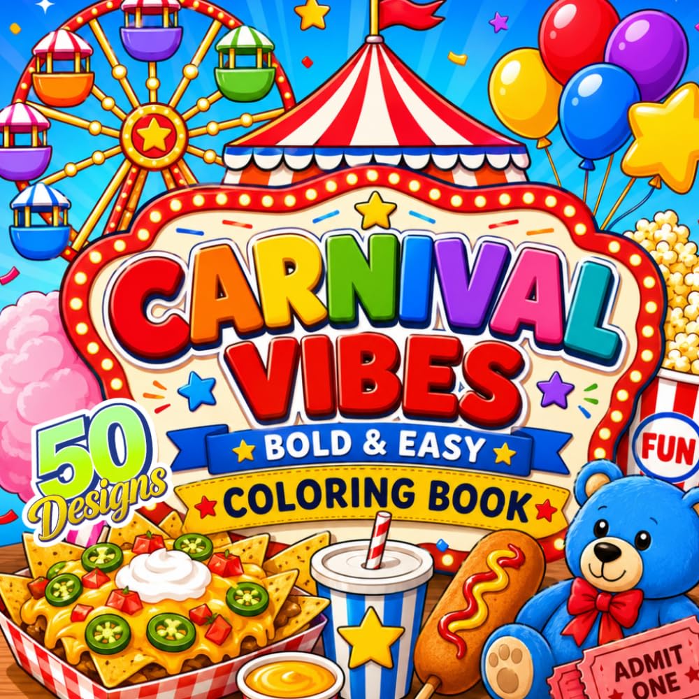 Carnival Vibes Coloring Book: 50 Bold & Easy Coloring Pages Featuring Carnival Rides, Fair Food, Games, Prizes, Cotton Candy & Summer Fun