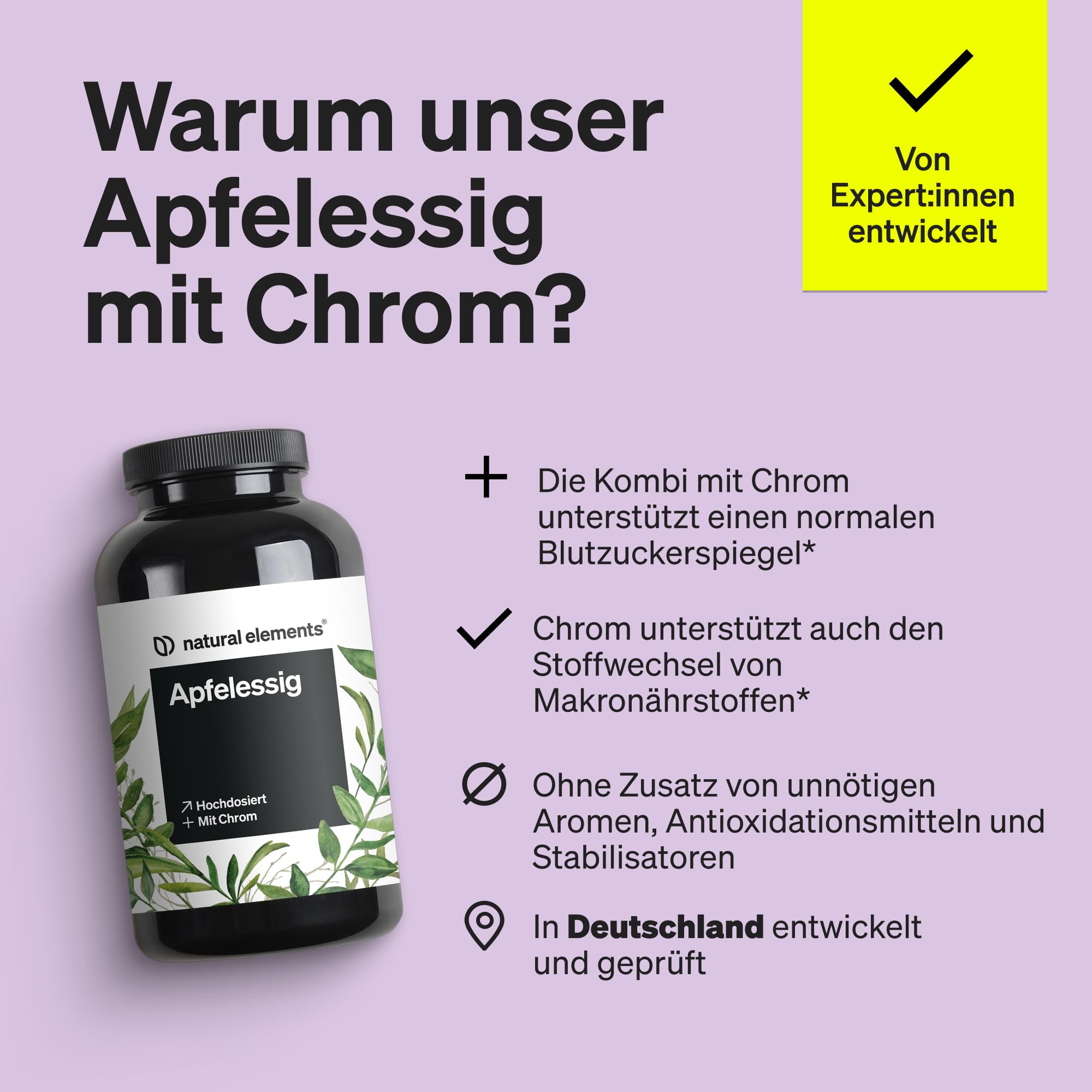 natural elements Apfelessig Kapseln – 180 Kapseln mit 1300mg Apfelessig pro Tagesdosis – vegan, hochdosiert, ohne unnötige Zusätze – in Deutschland produziert & laborgeprüft