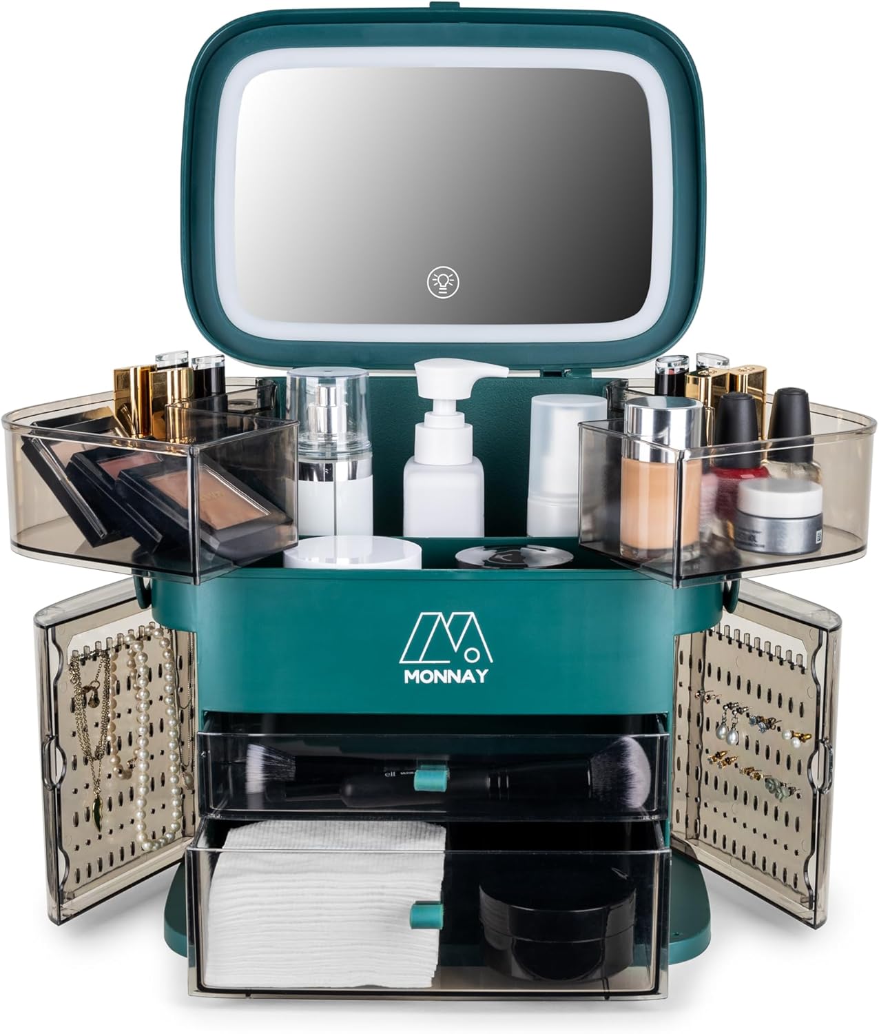 Luxury Cosmetic Beauty and Makeup Organizer and Storage with LED Light Cosmetics Organizer Box for Countertop with Lid, Drawers & handle, Portable Cosmetics Skincare Organizers Box (Green)