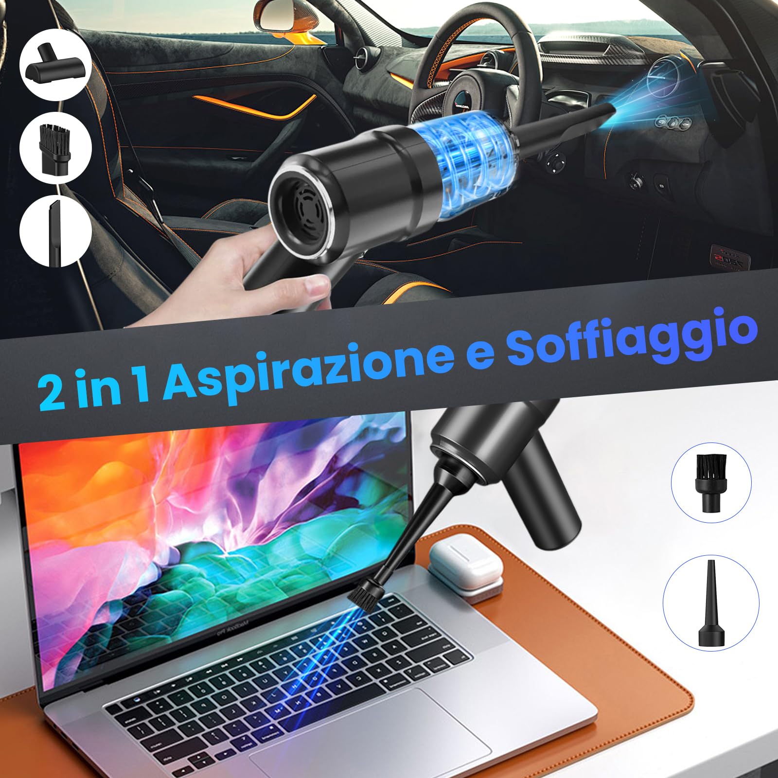 Zabatoco Aspirapolvere Portatile Senza Fili per Auto,6000Pa Aspiratore e Soffiatore 2 in 1,120W Mini Aspirabriciole Senza Fili la Pulizia di Auto, Casa, Animali Domestici e Spazi Ristretti