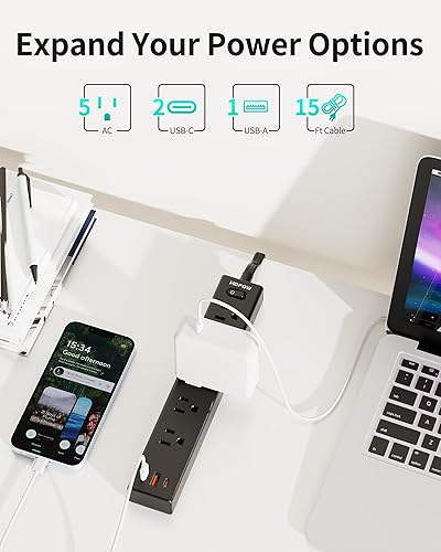 Miniatura 4 de HOPOW Regleta de alimentación de enchufe plano con protector de sobretensión, cable de extensión de 15 pies de largo con 5 tomas de corriente y 1