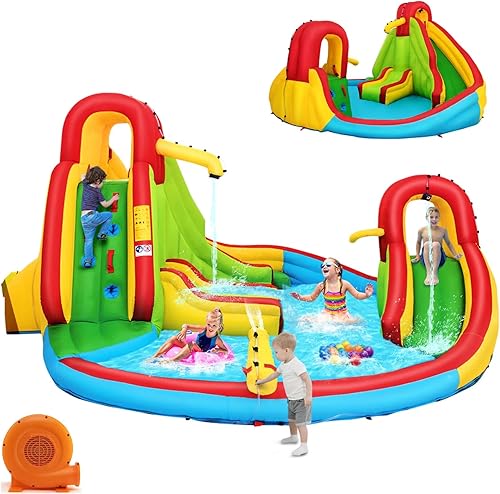 HONEY JOY Tobogán acuático inflable, parque acuático inflable 7 en 1 con dos toboganes, pared de escalada y piscina de salpicaduras, manguera,
