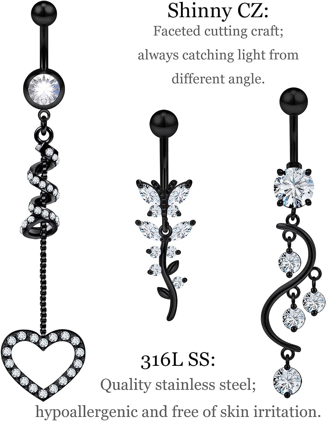 7PCS 14G 10mm Stainless Steel Dangle Belly Button Rings for Women Belly Piercing CZ Inlaid