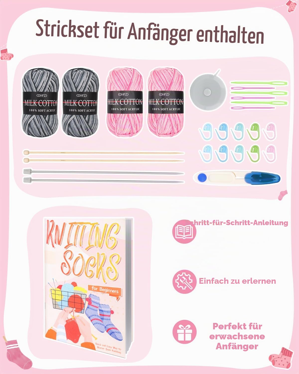 Reessy Strickset für Anfänger und Erwachsene, 4-teiliges Socken-Strick-Starter-Set für Erwachsene, die das Stricken lernen, inklusive Schritt-für-Schritt-Anleitung (evtl. nicht in deutscher Sprache
