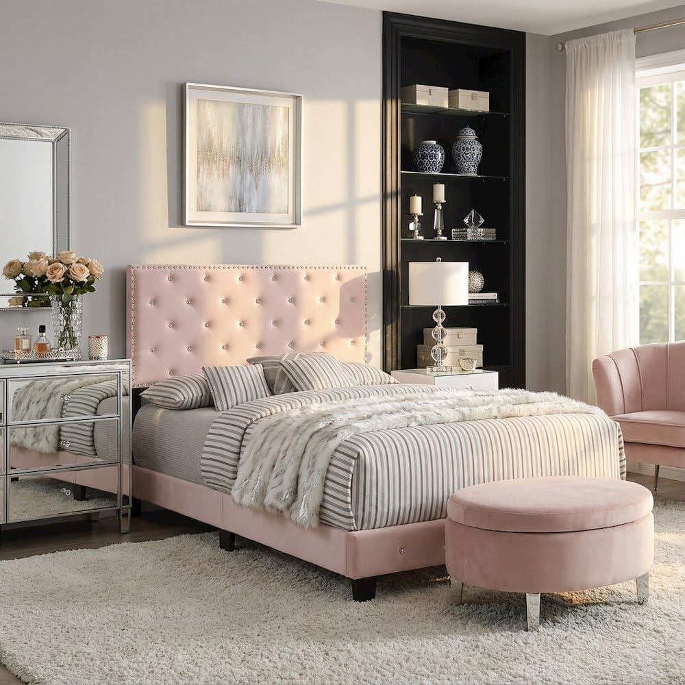 Glory Furniture Suffolk Velvet Upholstered Queen Bed in Pink