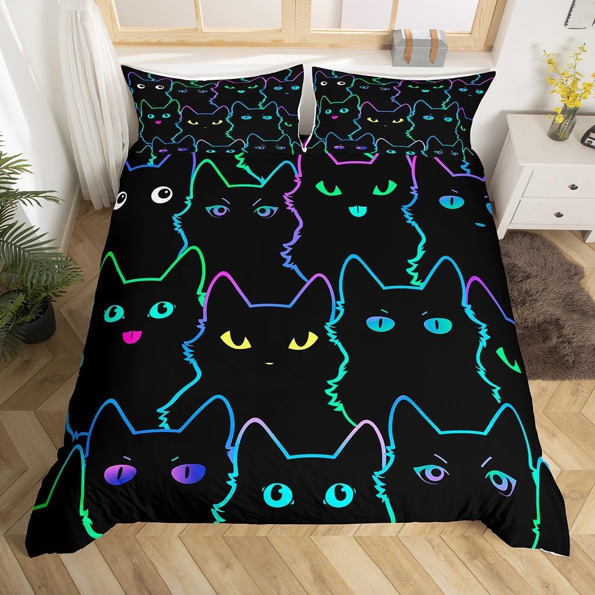 Homewish Black Cat Kids Super King Size Duvet Cover Sets for Boys Girls, Neon Rainbow Line Cats Print Bedding Set, Cute Cartoon Kitten Quilt Cover, Kawaii Animals Bed Set, Black Reversible — image 1