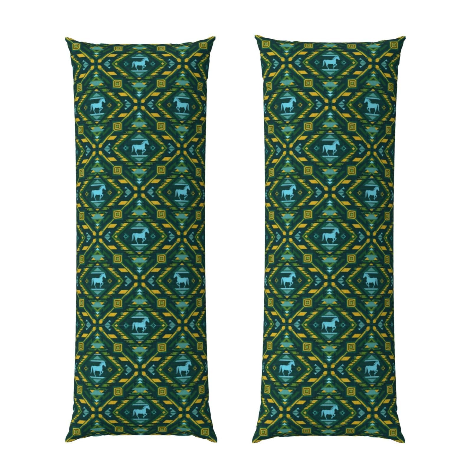 Body Pillow Cover 20x54 Inch, Teal Green Native American Tribal Ethnic Western Horse, Silky Soft Long Pillowcase with Hidden Zipper, Wrinkle Resistant Cushion Case for Couch Bed Home