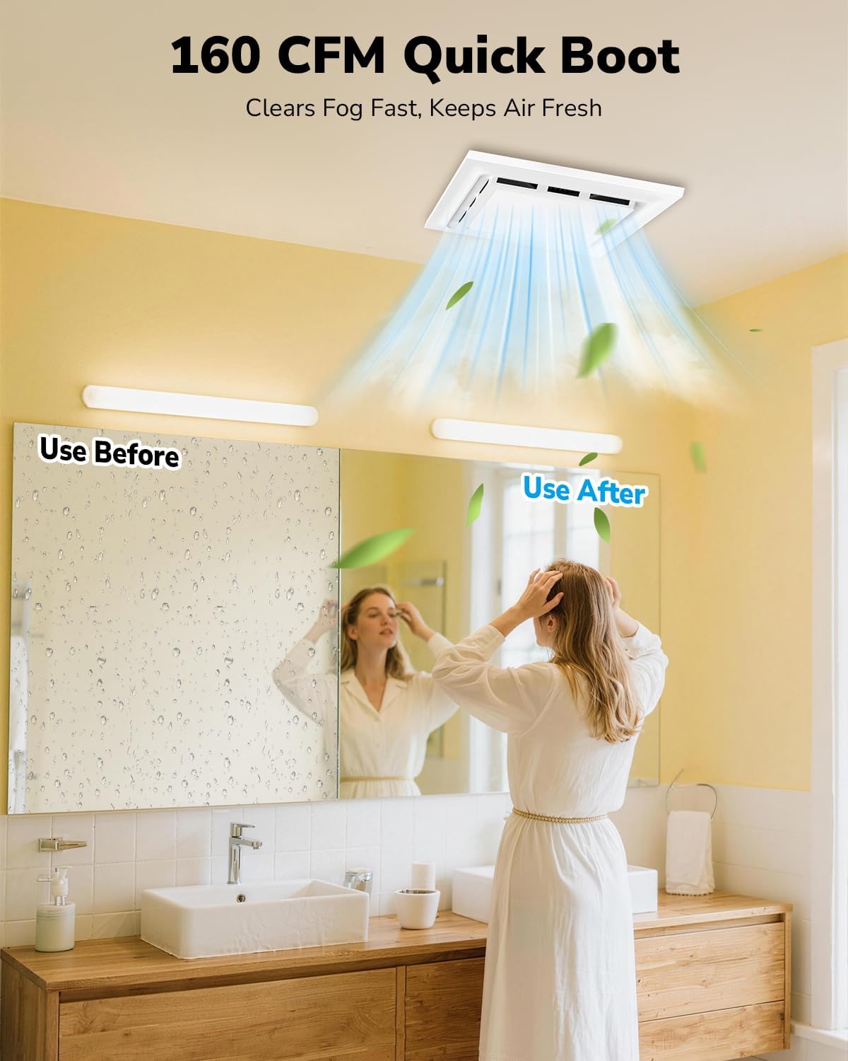 12" Bathroom Exhaust Fan with Light 160 CFM, Ultra Quiet 1.0 Sone, Metal Housing, Cutout 9.8"x9.8", 4 Inch Duct, 6500K 1200Lm LED Light Bath Ceiling Vent Fan for Bathroom Ventilation