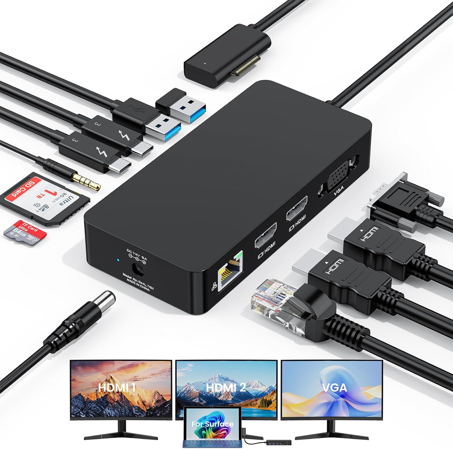 New Surface Dock Triple Displays Dual 4K HDMI+VGA, 12-in-1 Surface Docking Station with Power Adapter, Surface Pro Docking Station for Surface Pro 11/10/9/8/X/7/6/5/4/3, Surface Book/Laptop/Surface Go