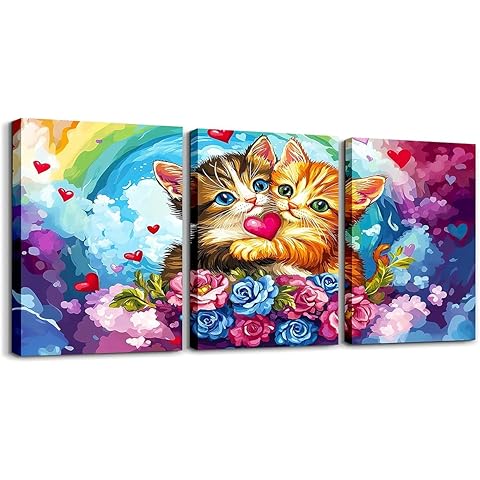Feelyou Cute Cat Wall Art for Home Decor Valentine's Day 3 Piece Canvas Wall Art for Living Room Bedroom Rainbow Office Wall Decor Beautiful Flower Wall Painting