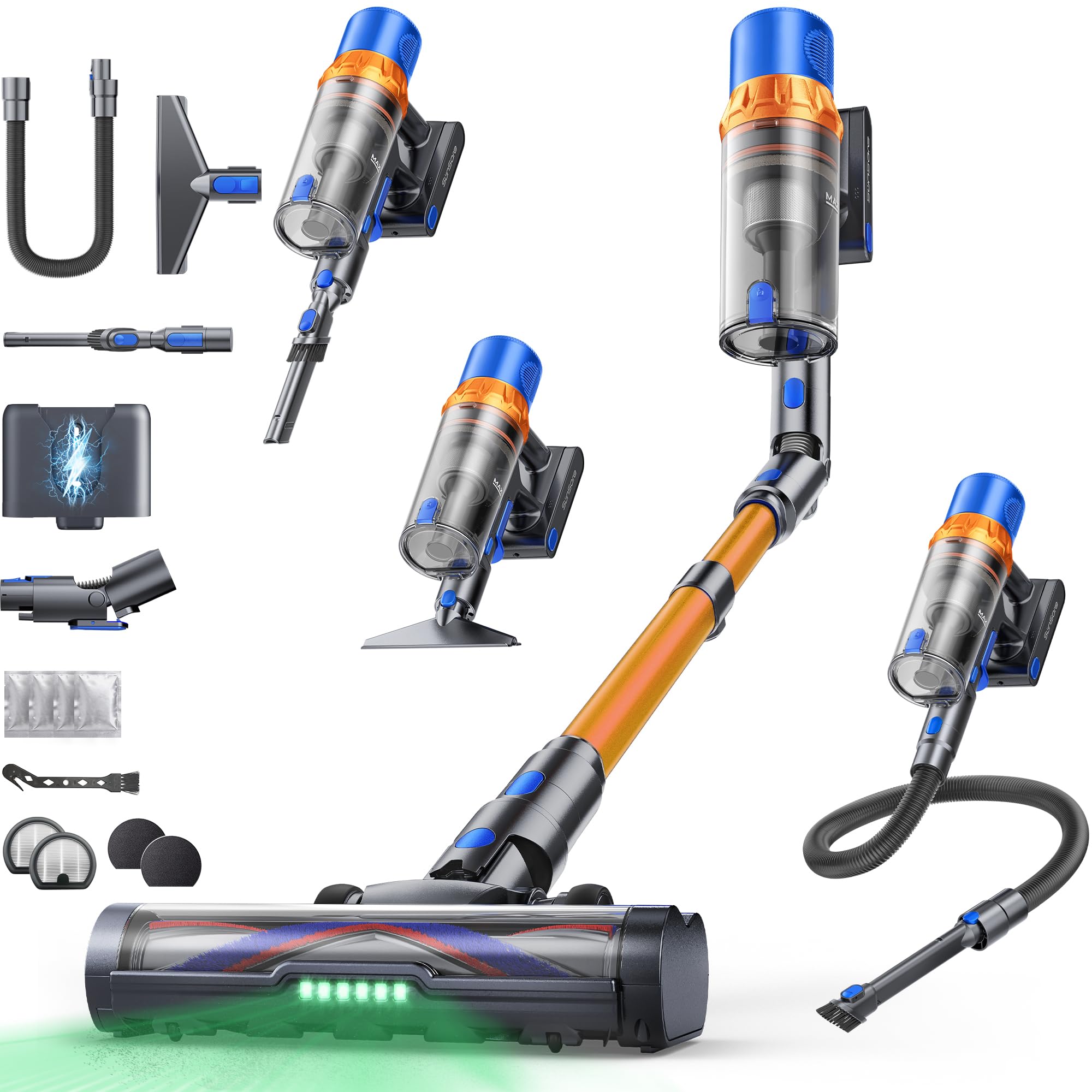 Aspiradora sin Cable 600W/50KPA/65Min (ECO), Escoba Aspiradora sin Cable Vertical X13 con Adaptador curvo de 90°, AUTO Modo, Carga de Pared, Aromaterapia, Manguera de 1M, para Alfombras/Pisos, Oro