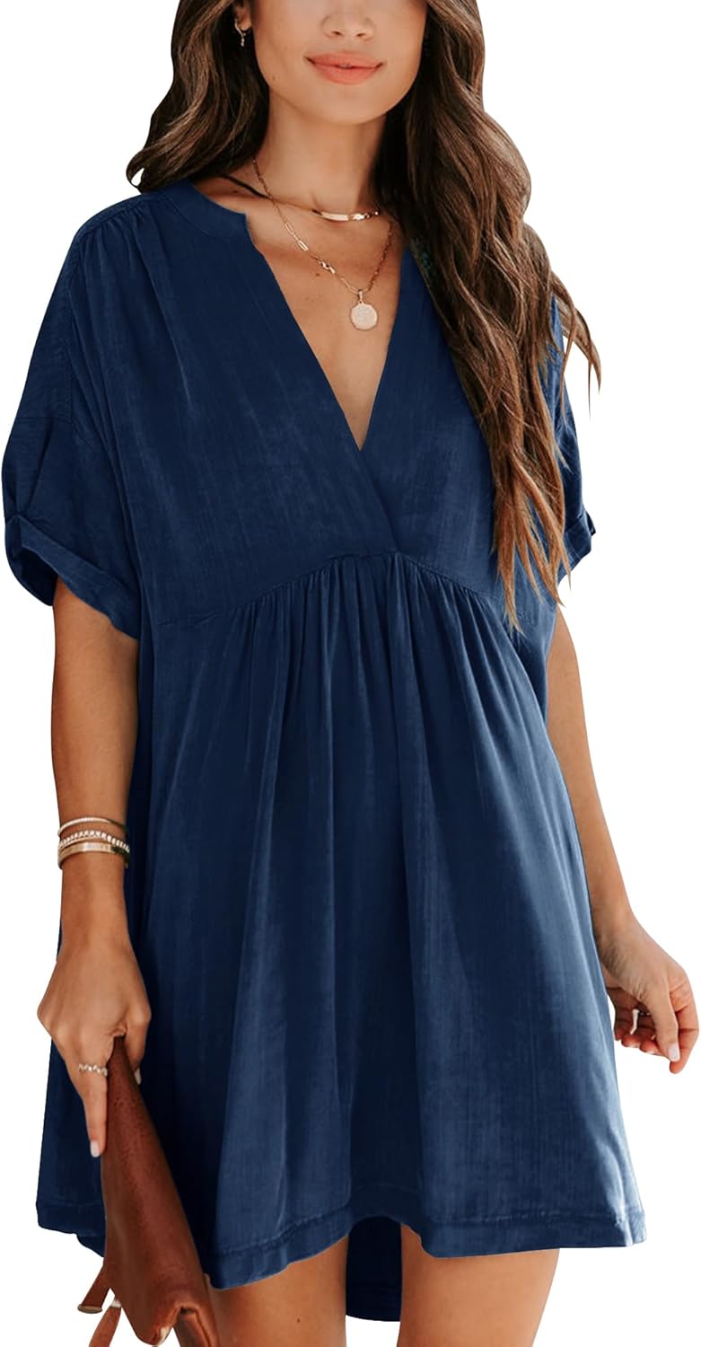Minclouse Women's Babydoll Short Sleeve Tunic Dress V Neck Cute Casual Loose Dresses