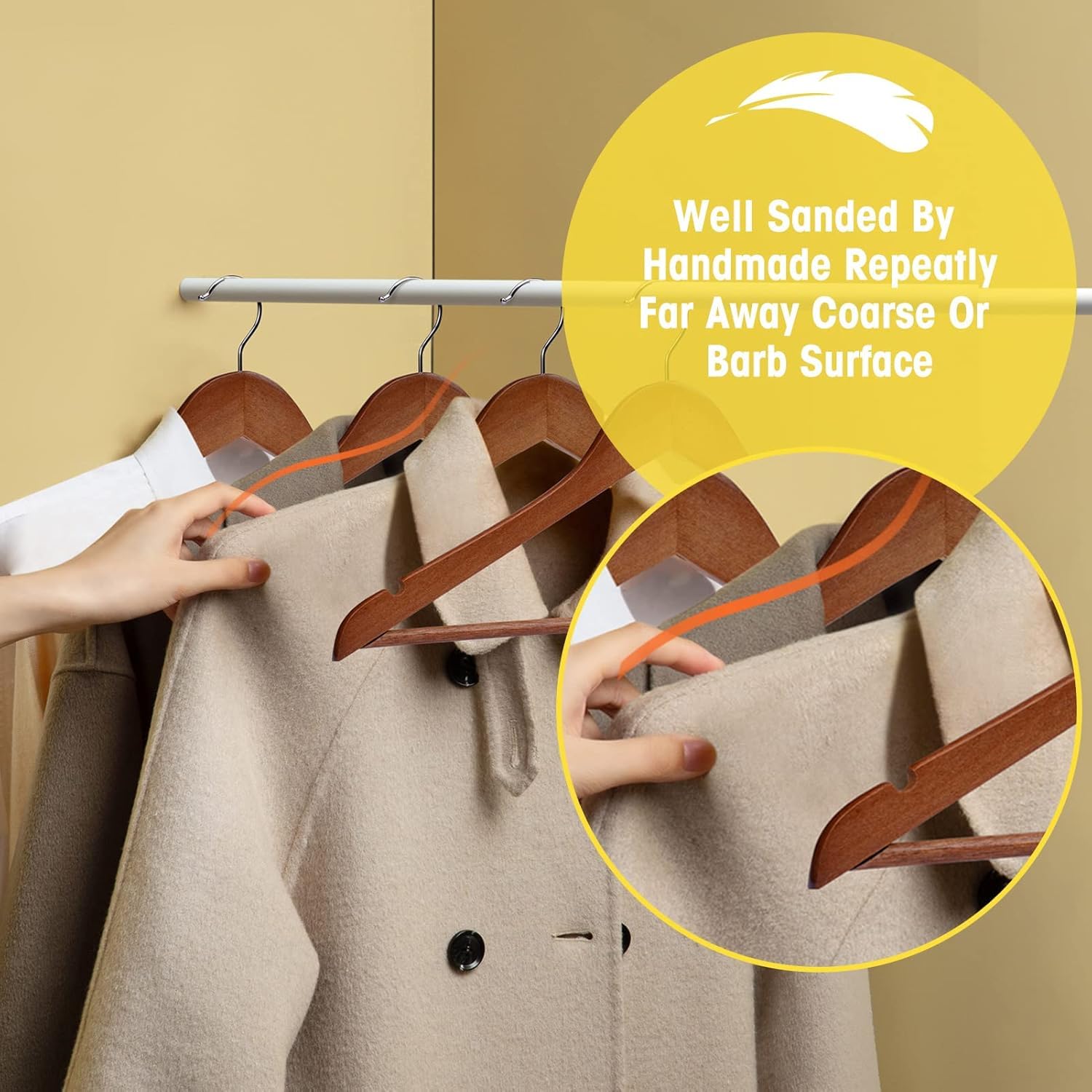STAR WORK Cherry Wooden Wardrobe Storage Suit Hangers - Premium Wood with Notches & Chrome Swivel Hook for Dress Clothes, Coats, Jackets, Pants, Shirts, Skirts (60) , 60 pcs 4
