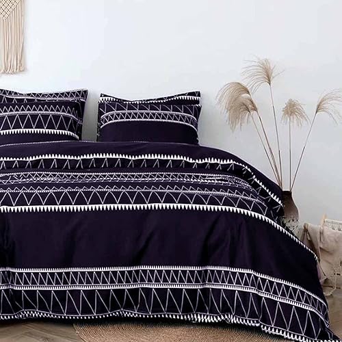 Nanko Juego de edredón de tamaño Queen, color negro, morado, bohemio, geométrico, estampado a rayas, suave, reversible, de plumón alternativo, juego