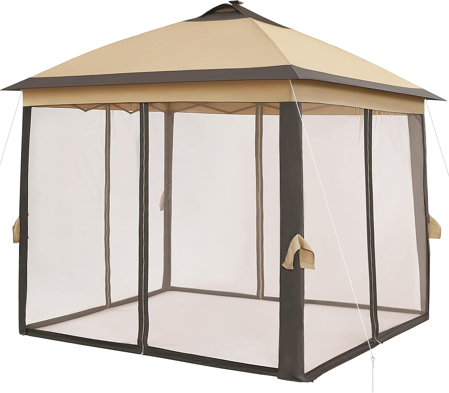 Topeakmart Outdoor Pop Up Gazebo Canopy with Mesh Netting/Solar LED Lights, Gazebo Shade for Patio Outdoor Garden Events-Khaki&Brown, 11x11Ft