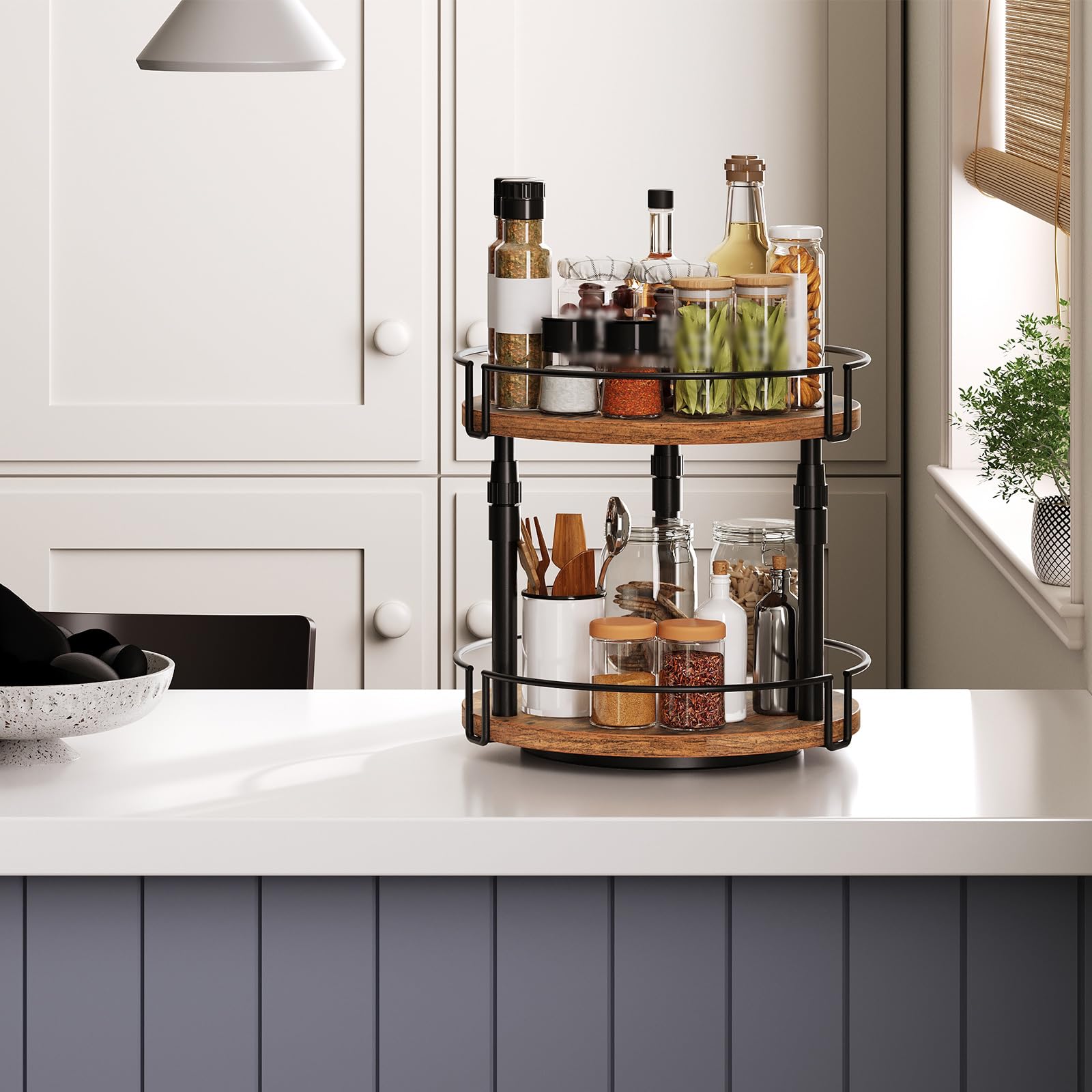 HOOBRO Scaffale Portaspezie a 2 Livelli, Scaffale da Cucina con Altezza Regolabile, Organizer da Cucina Rotante per Piano, Armadio, Tavolo, Marrone Vintage EBF05TL01
