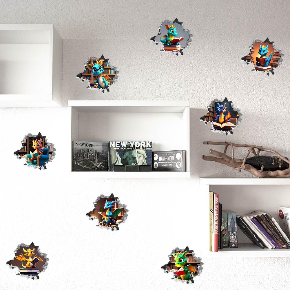 SUPERDANT Dragon Reading Book Wall Stickers 3D Dragon in The Hole Decal Stickers Funny Animal Stickers for Children Vinyl Peel and Stick Decals for Kids Room Nursery
