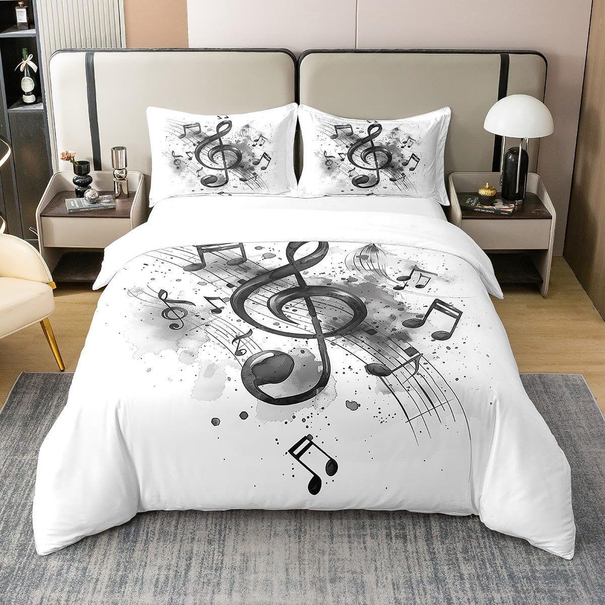100% Cotton Musical Note Duvet Cover King, Music Comforter Cover, Ink Painting Polka Dots Classic Rustic Music Themed Bedding Set, Modern Simple Aesthetic Music Stave Concerto Bed Set