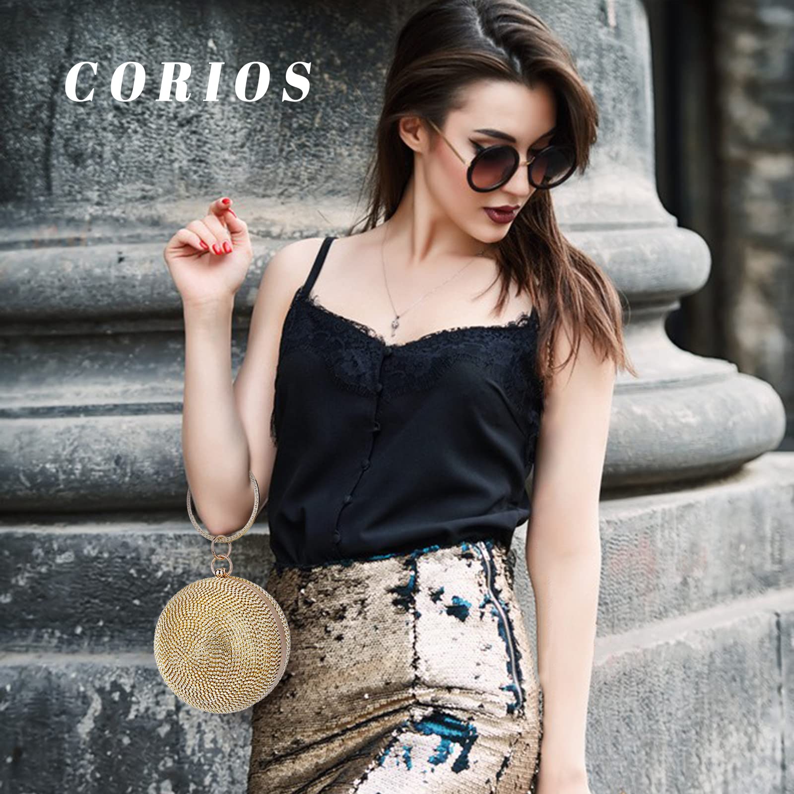 CORIOS Sac de Soirée pour Femme Rondes Boule Cristal Soirée Pochette Diamond Embrayage Sac en Strass à la Main Sacs Fourre-Tout Sacs D'épaule de Mariée pour Fête Banquet Mariage Bal Or