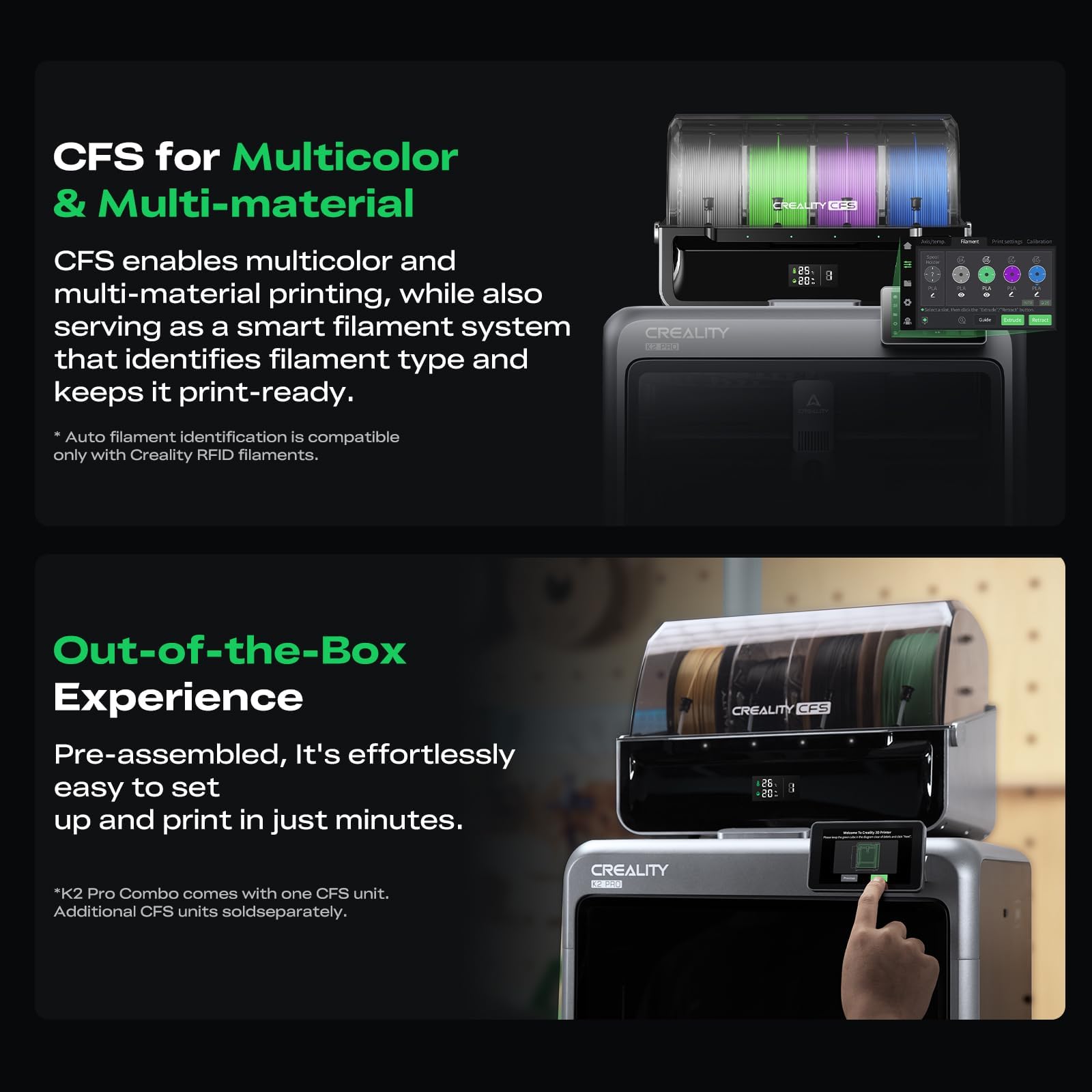 Creality K2 Pro Combo stampante 3D con CFS – stampa multicolore, 600 mm/s velocità massima, livellamento automatico, doppia fotocamera AI, riscaldamento dell'alloggiamento attivo & 300 x 300 x 300 mm