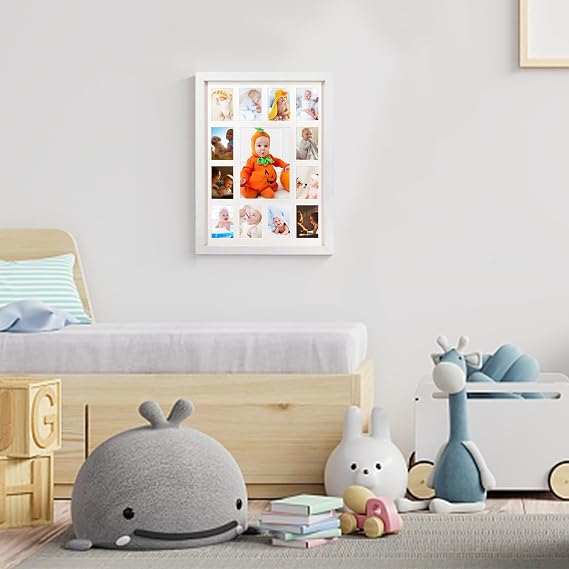 GMFrames Baby First Years Photo Frames 12 Month Picture Frame School Years Graduation Photo Collage White Frame with Mat, Displays One 5x7 Photo and Twelve 2.5x3.5 Pictures
