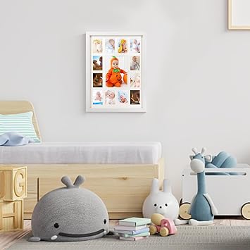 GMFrames Baby First Years Photo Frames 12 Month Picture Frame School Years Graduation Photo Collage White Frame with Mat, Displays One 5x7 Photo and Twelve 2.5x3.5 Pictures