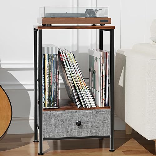 Soporte para tocadiscos con almacenamiento de vinilo, mesa de 2 niveles con cajón de tela, capacidad para hasta 60 discos de vinilo, mesa de